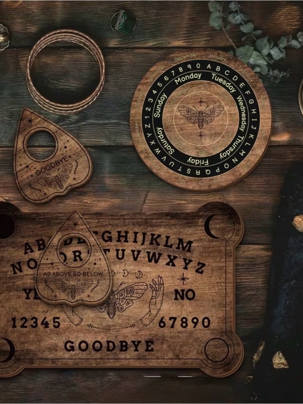 Vintage 4-Piece Set Wooden Ouija Board